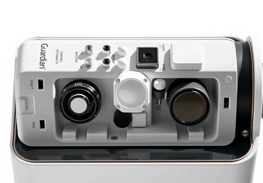 A close-up shot of the Guardian's integrated sensor array, showcasing the various sensor types and their compact arrangement within the unit. The image should convey a sense of technological sophistication and seamless integration.